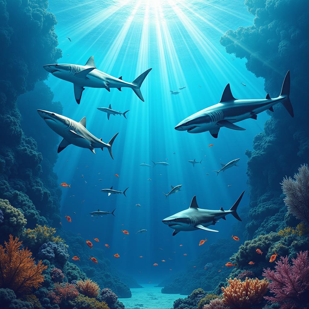 A vibrant and captivating banner for the opening of "Shark Week", featuring an intricate underwater scene with a diverse array of sharks swimming through crystal clear blue ocean waters