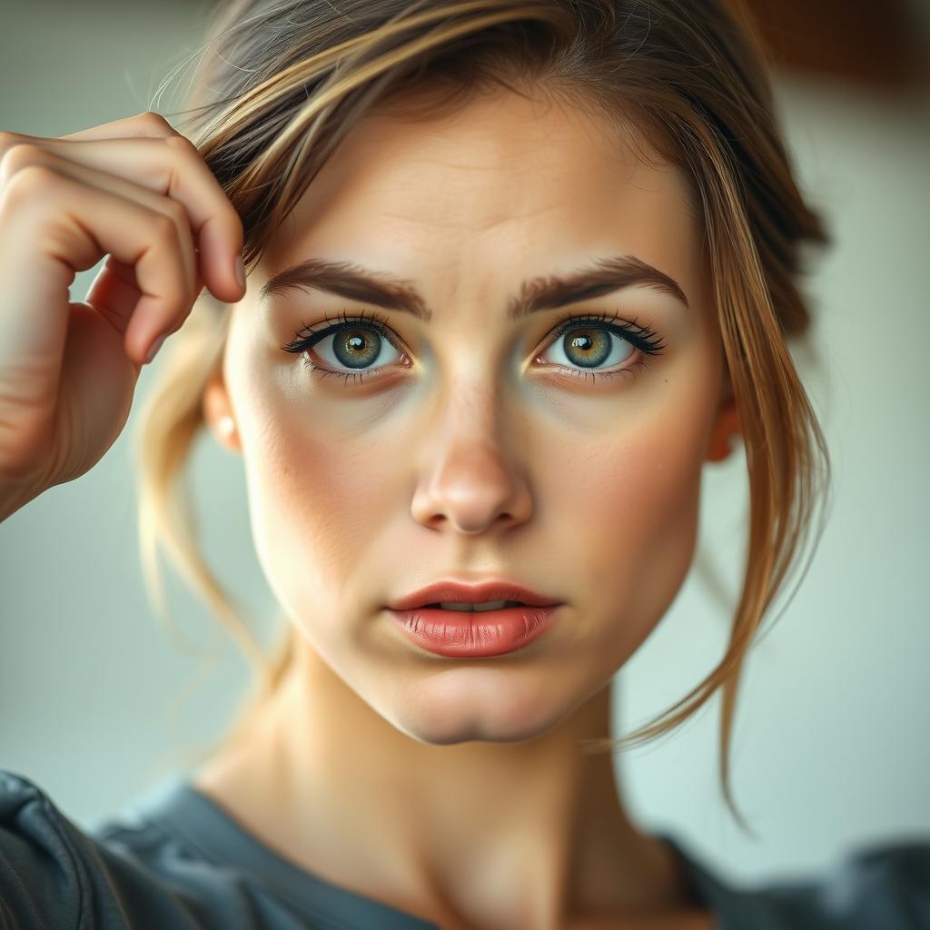 A young white woman exuding determination as she makes up her mind, her expression resolute and focused