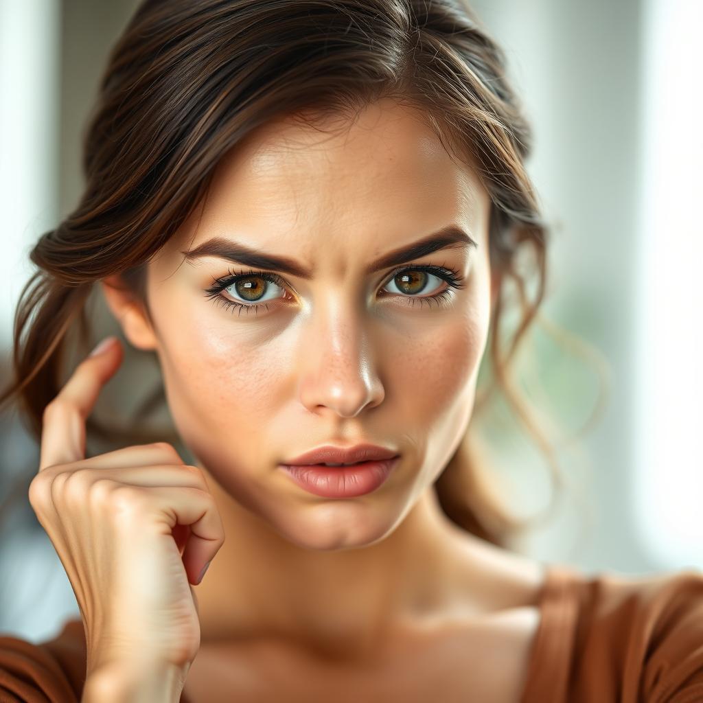 A young white brunette woman exuding determination as she makes up her mind, her expression resolute and focused