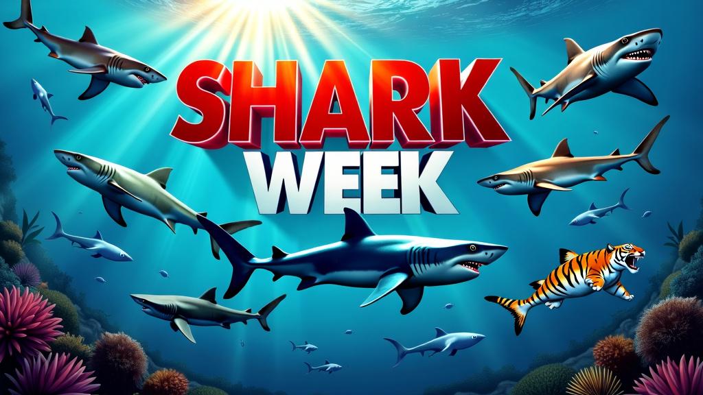 A vibrant and dynamic banner for the opening of "Shark Week", featuring a variety of sharks swimming majestically in their natural ocean habitat