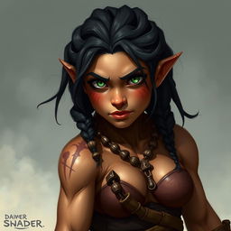 A sturdy and short dwarf woman with well-defined muscles, honed by years of living in the wilderness