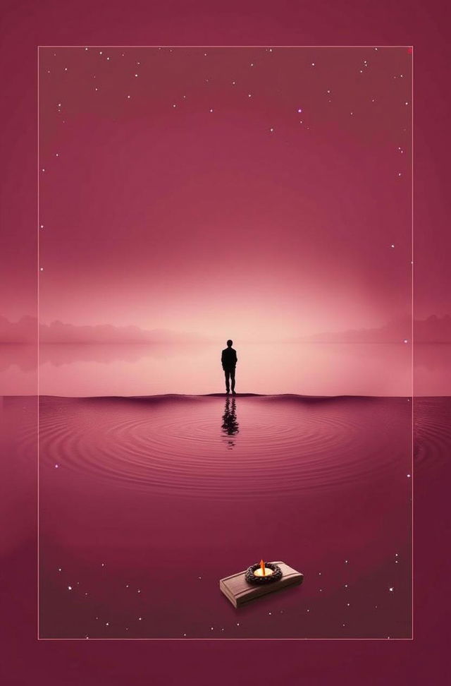 a silhouette of a person standing alone on a calm lake, blending seamlessly into a vast, open sky tinged with rich purple and pink hues