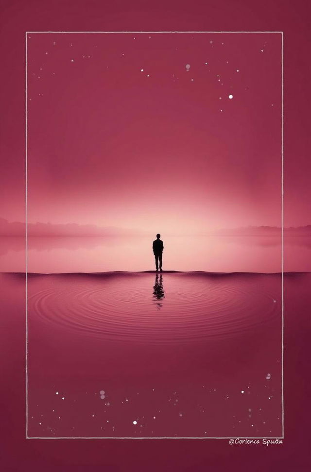 a silhouette of a person standing alone on a tranquil lake against a backdrop of majestic purple and pink skies