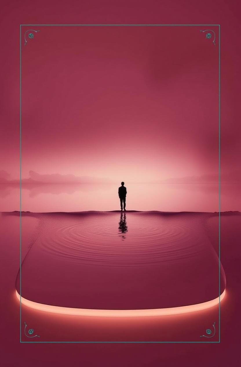 a seamless blend of a silhouette of a person standing alone on a calm lake, with a vast, open sky filled with harmonious purple and pink hues