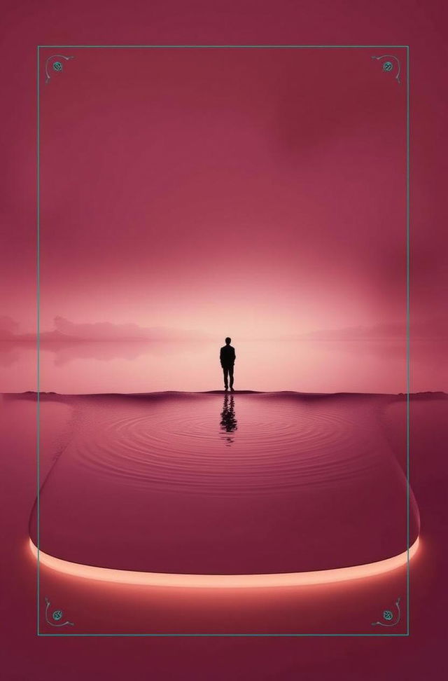 a seamless blend of a silhouette of a person standing alone on a calm lake, with a vast, open sky filled with harmonious purple and pink hues