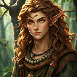 A male druid elf with enchanting brown curls cascading over his shoulders