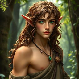 A male druid elf with enchanting brown curls cascading over his shoulders