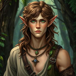 A male druid elf with enchanting brown curls cascading over his shoulders