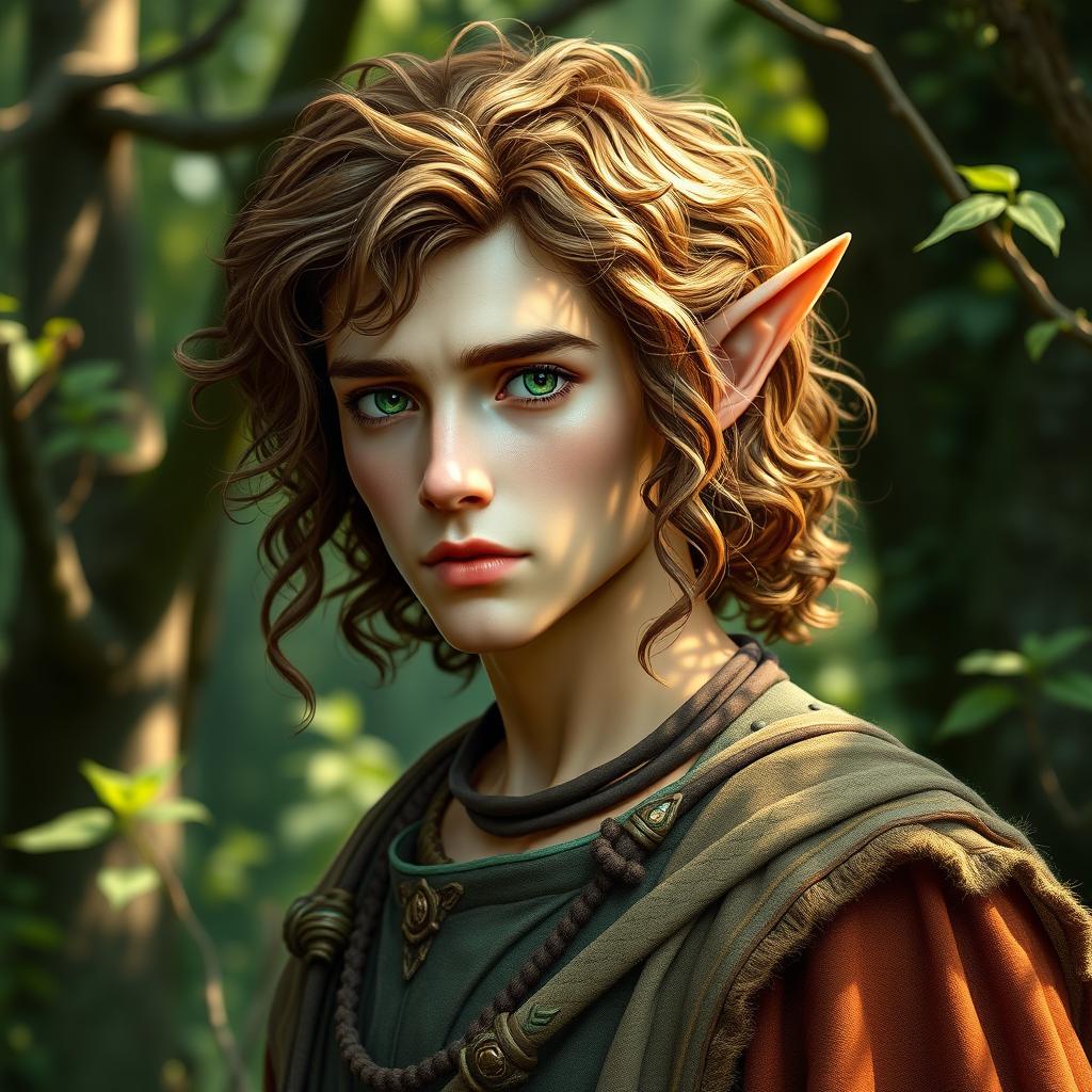 A male druid elf with enchanting brown curls cascading over his shoulders