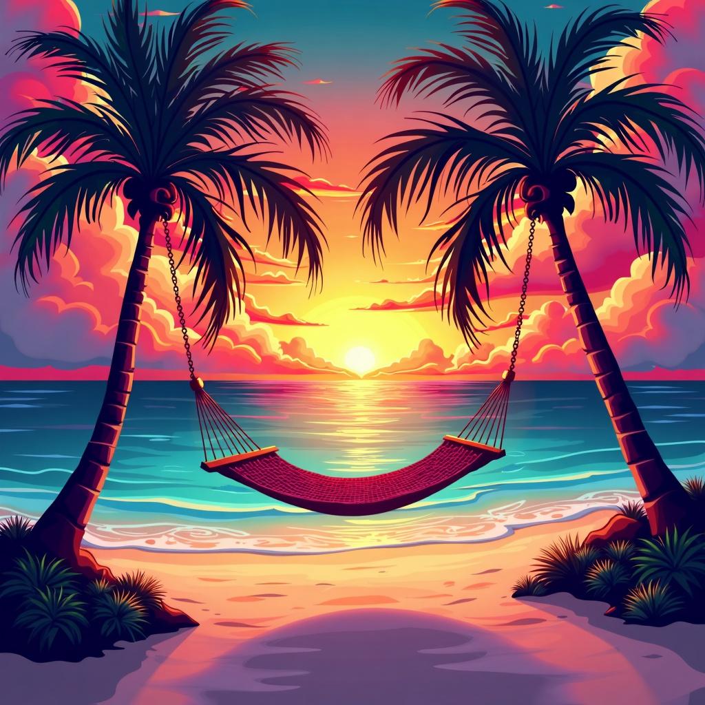 A stunning and vibrant postcard design showcasing a dazzling sunset over a tropical beach paradise