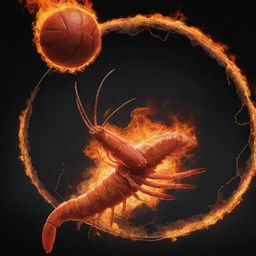 A detailed illustration of a shrimp energetically playing basketball, scoring a dunk on a ring that is magnificently engulfed in fire.