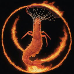 A detailed illustration of a shrimp energetically playing basketball, scoring a dunk on a ring that is magnificently engulfed in fire.