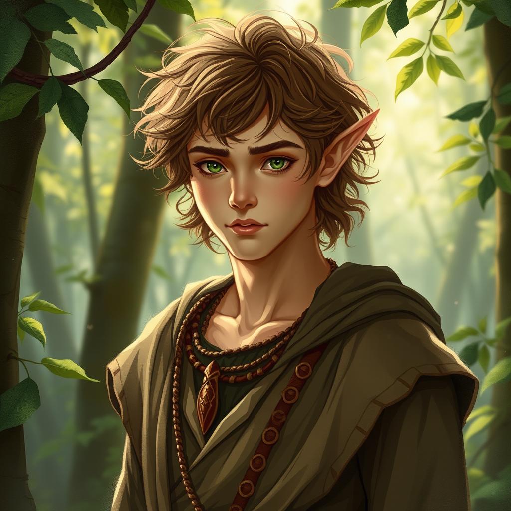 A male druid elf with tousled brown curls, beige skin, and vibrant green eyes