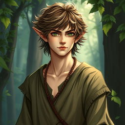 A male druid elf with tousled brown curls, beige skin, and vibrant green eyes