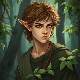 A male druid elf with tousled brown curls, beige skin, and vibrant green eyes