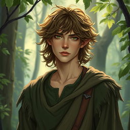 A male druid elf with tousled brown curls, beige skin, and vibrant green eyes