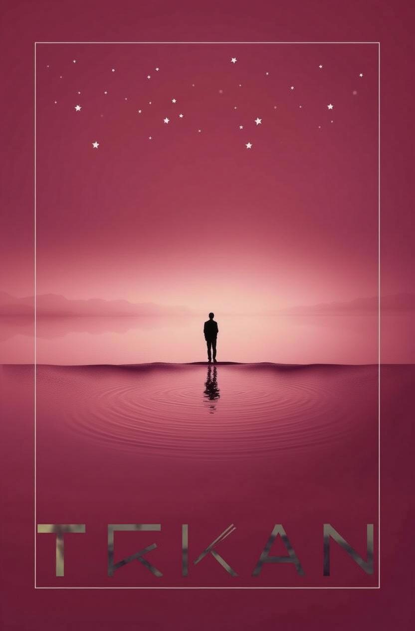 a silhouette of a person standing in the center of a calm lake during sunset, with a vast, open sky in purple and pink hues