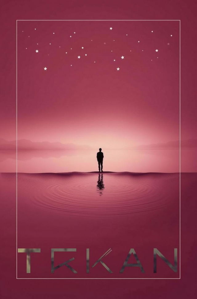 a silhouette of a person standing in the center of a calm lake during sunset, with a vast, open sky in purple and pink hues