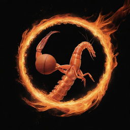 A detailed illustration of a shrimp energetically playing basketball, scoring a dunk on a ring that is magnificently engulfed in fire.