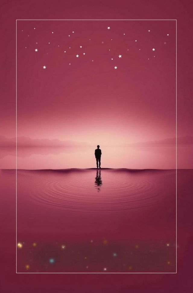 a silhouette of a person standing alone on a calm lake, blending into a sky full of stars and rich purple-pink hues