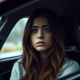 A young brunette woman sitting in the front seat of a car, her expression tinged with sadness as she waits