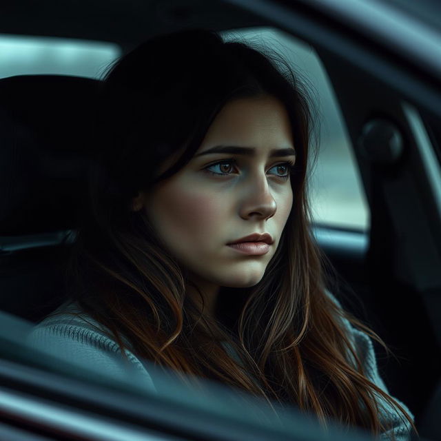 A young brunette woman sitting in the front seat of a car, her expression tinged with sadness as she waits