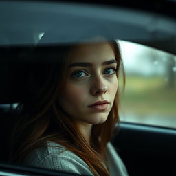 A young brunette woman sitting in the front seat of a car, her expression tinged with sadness as she waits