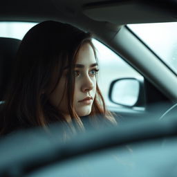 A young brunette woman sitting in the front seat of a car, her expression tinged with sadness as she waits