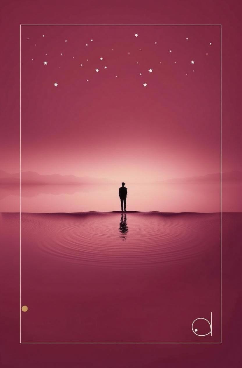 a silhouette of a person standing alone on a calm lake under a vast sky with purple and pink hues, conveying a sense of solitude and tranquility