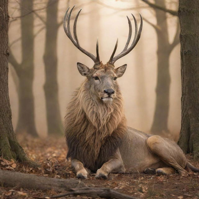 A majestic and imaginative scene where a noble deer confidently dons a lion's skin, blending the grace of the deer with the power of a lion.