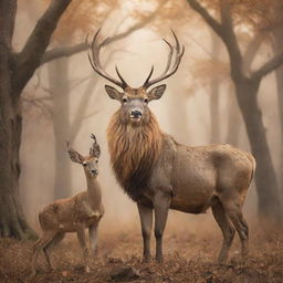 A majestic and imaginative scene where a noble deer confidently dons a lion's skin, blending the grace of the deer with the power of a lion.