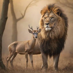 A majestic and imaginative scene where a noble deer confidently dons a lion's skin, blending the grace of the deer with the power of a lion.