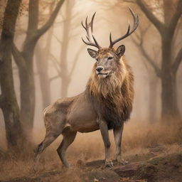 A majestic and imaginative scene where a noble deer confidently dons a lion's skin, blending the grace of the deer with the power of a lion.