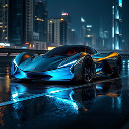 A futuristic supercar with a sleek, aerodynamic design, featuring sharp lines and an ultra-modern aesthetic