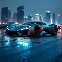 A futuristic supercar with a sleek, aerodynamic design, featuring sharp lines and an ultra-modern aesthetic