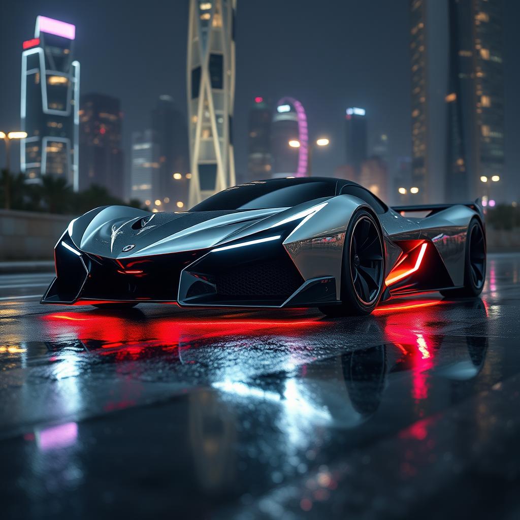 A futuristic supercar with a sleek, aerodynamic design, featuring sharp lines and an ultra-modern aesthetic