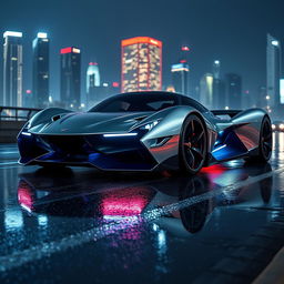 A futuristic supercar with a sleek, aerodynamic design, featuring sharp lines and an ultra-modern aesthetic