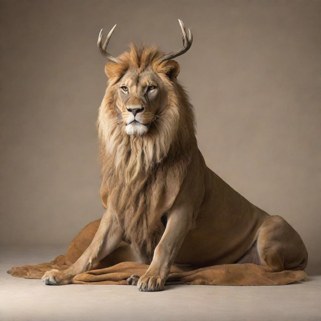 A proud deer boasting a draped lion's hide over its body, merging the elegance of a deer with the fierce nature of a lion.