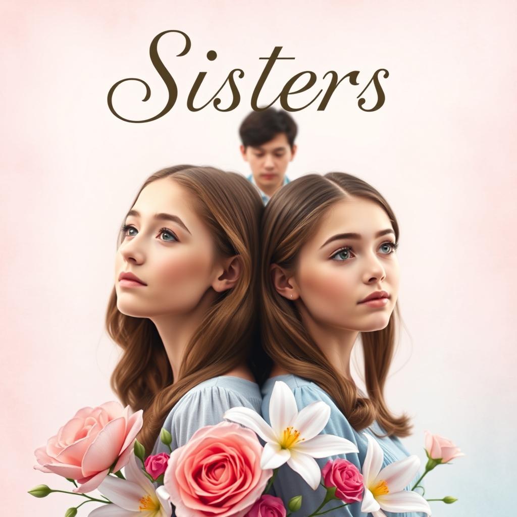 A captivating book cover for a romance novel titled "Sisters" featuring two twin sisters