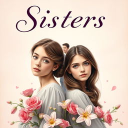 A captivating book cover for a romance novel titled "Sisters" featuring two twin sisters