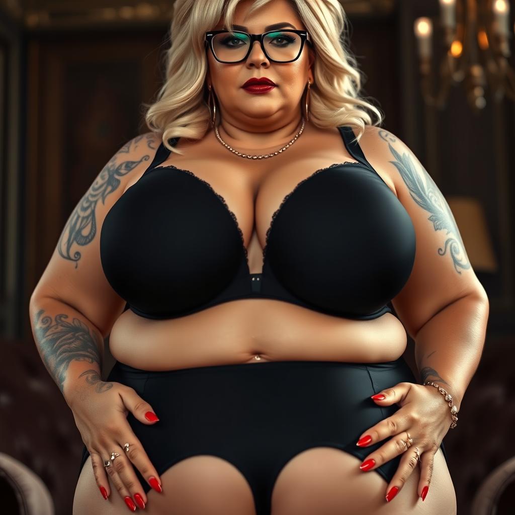 A captivatingly voluptuous, blonde mature woman with giant fake breasts elegantly displayed in a black bra