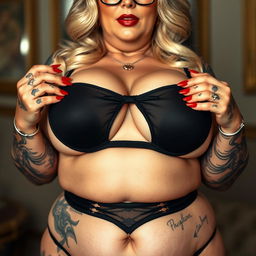 A captivatingly voluptuous, blonde mature woman with giant fake breasts elegantly displayed in a black bra