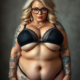 A captivatingly voluptuous, blonde mature woman with giant fake breasts elegantly displayed in a black bra