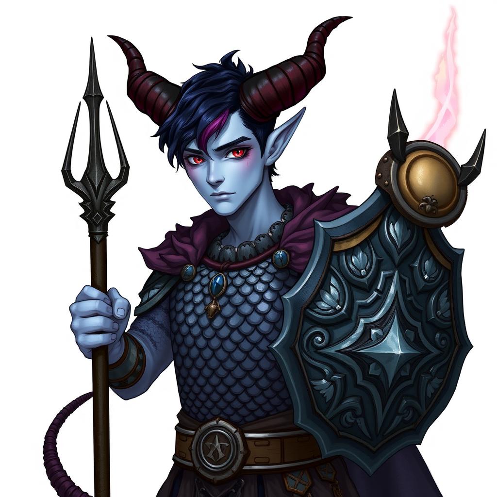 A Dungeons and Dragons style illustration featuring a 30-year-old male Tiefling Warlock