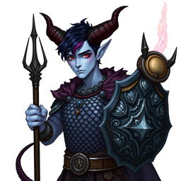 A Dungeons and Dragons style illustration featuring a 30-year-old male Tiefling Warlock