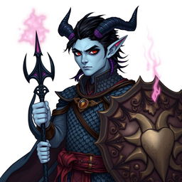 A Dungeons and Dragons style illustration featuring a 30-year-old male Tiefling Warlock