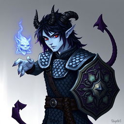 A Dungeons and Dragons style illustration featuring a 30-year-old male Tiefling Warlock