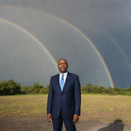 The President of Haiti standing under a dramatic rainbow arc, captured in a 16:9 aspect ratio.