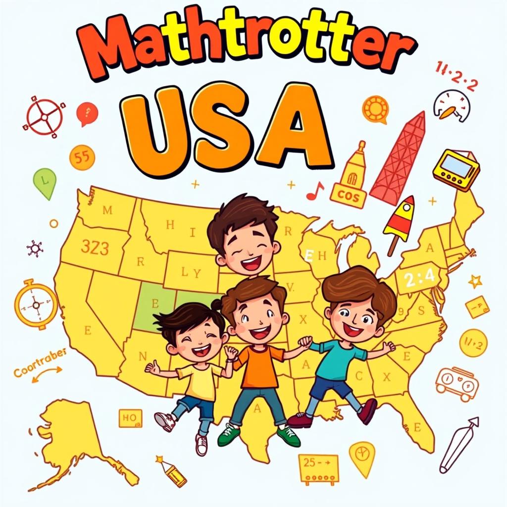 A vibrant and engaging cover illustration for an activity book titled "Mathtrotter USA"