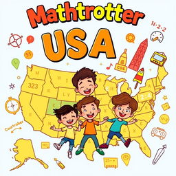 A vibrant and engaging cover illustration for an activity book titled "Mathtrotter USA"